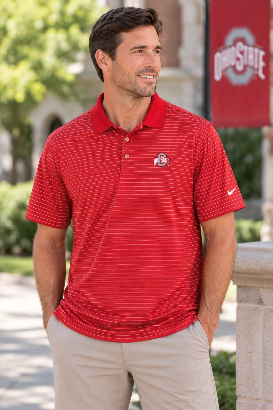 Nike Golf Ohio State Buckeyes Mens Large Red Stripe Dri-FIT Polo Shirt OSU